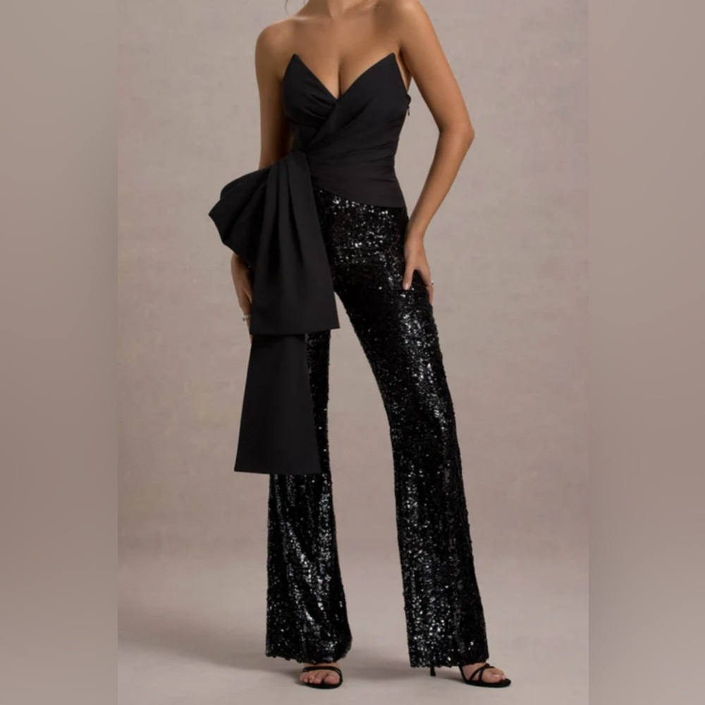Club L London Black Sequin Dramatic Bow Lace Up Corset Flare Leg Jumpsuit 12